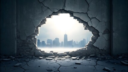 Urban Apocalypse A Glimpse of Hope Through the Ruins Majestic Cityscape Beyond Ruined Wall and Shattered Debris Awaits