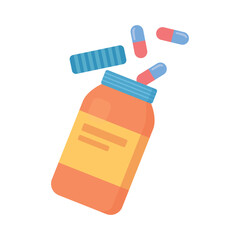 Open bottle with medication pills capsules