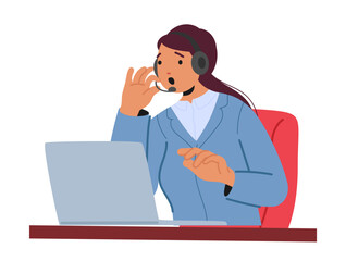 Woman cartoon character working at online crisis hotline providing quality psychological support