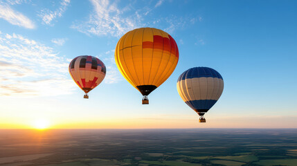 Obraz premium Colorful hot air balloons soaring in sky during sunrise, creating serene atmosphere