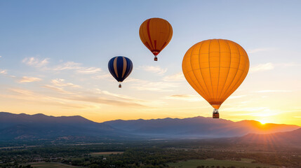 Fototapeta premium Hot air balloons soaring over scenic landscape at sunrise, creating serene atmosphere