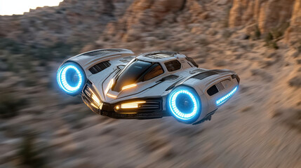 Futuristic hovercraft with glowing blue thrusters soaring above rocky terrain, showcasing