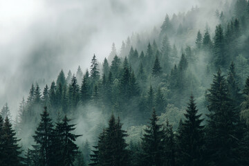 Foggy pine forest landscape with dense mist and tall evergreen trees creating a mysterious and calm atmosphere in a natural mountainous area.