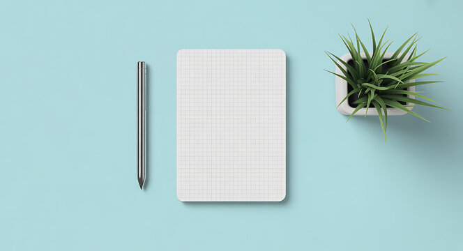 Minimalist Flat Lay of a Silver Pen, Grid Notebook, and Potted Green Plant on a Light Blue Background