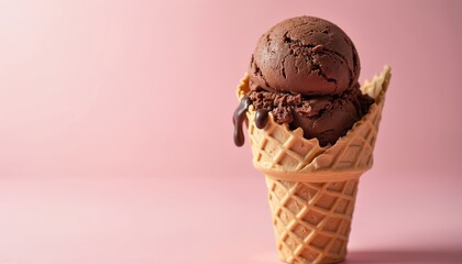 Close-up of double chocolate ice cream scoops in a waffle cone on a light pink background. Rich creamy dessert with melting chocolate drips suggests sweet indulgence and summer refreshment.
