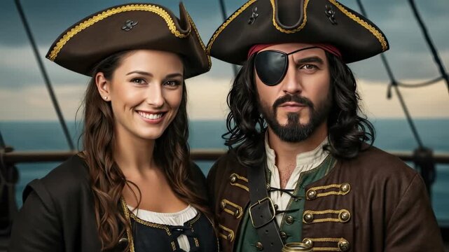 Woman and Man Couple Pirate Captain with Spyglass at Sea Portrait. International Talk Like a Pirate Day September 19