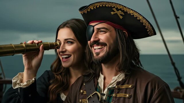 Woman and Man Couple Pirate Captain with Spyglass at Sea Portrait. International Talk Like a Pirate Day September 19