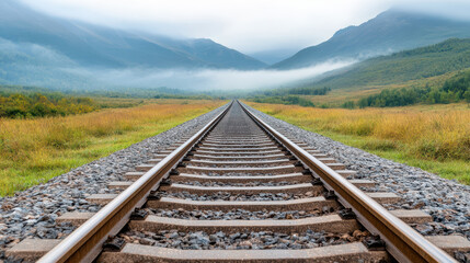 Fototapeta premium Railway track stretches into distance, surrounded by fog and mountains, evoking sense