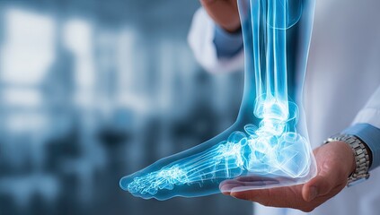 Doctor holding a holographic image of a foot's bones