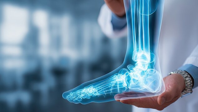 Doctor holding a holographic image of a foot's bones