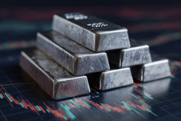 silver bullion bars stacked on stock market chart with financial data and graphs representing investment and wealth concept