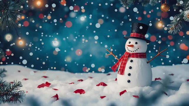 Christmas tree and snowman. Beautifully lit snowman decorations during a festive evening surrounded by glowing trees and holiday ornaments