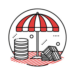 Red and white striped umbrella with stacked coins and blocks
