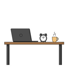 A flat illustration of a workspace featuring a laptop, coffee mug, clock and a minimalist stool and framed picture.