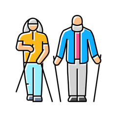 elderly couple nordic walking color icon vector illustration