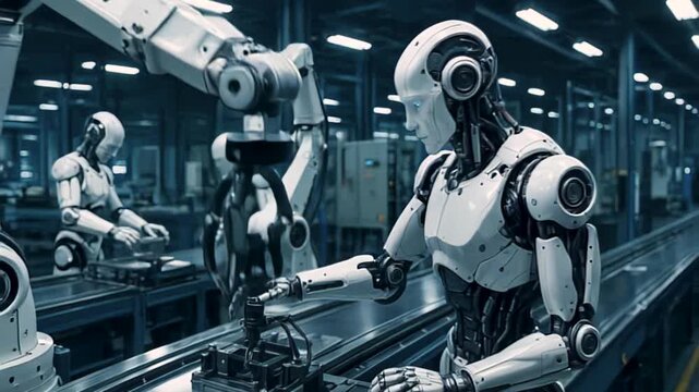 Factory robots work, robots move fast, robots build parts together while robots ensure precision. Concept industrial future.