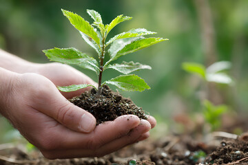 hands planting small tree growth and mental healing