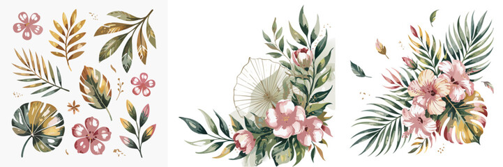 Watercolor Tropical Flowers and Leaves Illustrations Set, Floral Design Elements, Botanical