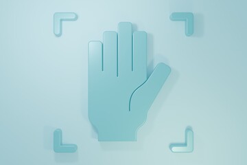 Obraz premium Blue Palm print recognition icon isolated on blue background. Biometric hand scan. Fingerprint identification. System recognition and verification. Minimalism concept. 3D render illustration