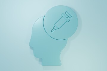 Blue Addiction to the drug icon isolated on blue background. Heroin, narcotic, addiction, illegal. Sick junkie with a syringe and medical pills. Minimalism concept. 3D render illustration