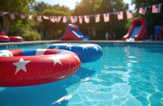 Vibrant swimming pool party scene with red, blue, star-patterned inflatables floating. American flags strung overhead create festive 4th of July atmosphere. Inflatable slides in background, clear