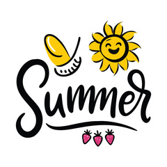 Obraz premium Summer lettering with sun and strawberries season happy sun