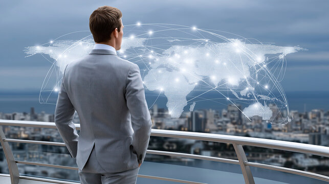 Businessman suit stands balcony overlooking cityscape, with digital world map and network connections displayed front of him, symbolizing global