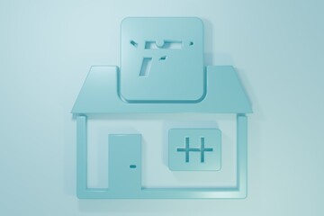 Blue Hunting shop with rifle and gun weapon icon isolated on blue background. Supermarket or store with weapon equipment. Minimalism concept. 3D render illustration