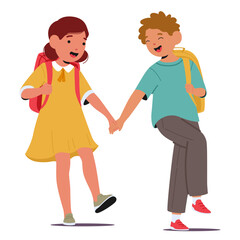 Fototapeta premium Happy schoolfriends diverse children cartoon characters holding hands walking to school together