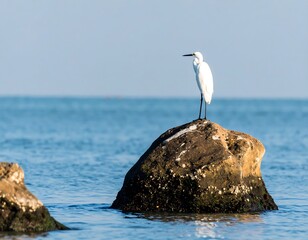 White heron on a rock in the ocean