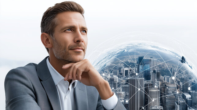 Thoughtful businessman contemplating global connections and technology in modern cityscape. image conveys innovation and ambition