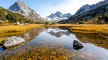 Obraz premium Crisp mountain lake with reflections and golden grass under clear sky
