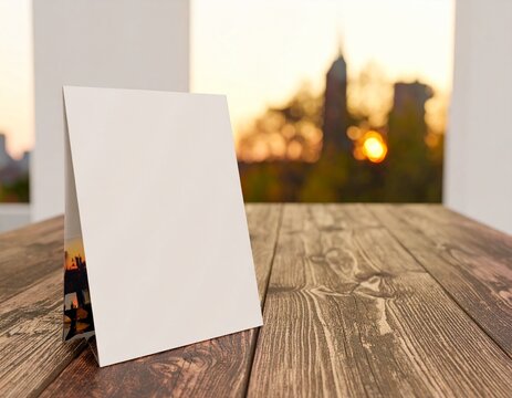 Blank Tent Card Mockup on Wooden Table with City Skyline Background