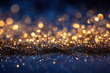 Blurry gold and blue lights on a glitter surface