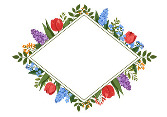 Colorful Spring Floral Diamond Frame with Tulips and Lilacs.