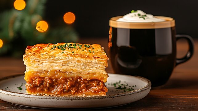 Delicious moussaka and coffee on a wooden table with festive lights
