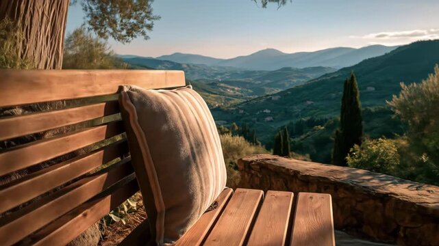 Flag of Italy on a cozy bench on a hillside overlooking an Italian village at sunset. Lush greenery and rolling hills. Concept of emigration to another country. Copy space