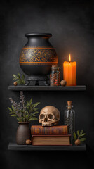Halloween decorations with skull, candle, potion bottles, ancient book, and mystical vase create spooky and mysterious atmosphere for season