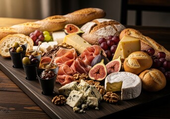 Photo of a generous spread of gourmet cheeses, cured meats, fresh fruits, crusty bread, and olives arranged on a rustic wooden board, perfect for a sophisticated appetizer or gathering