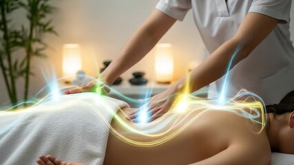 Relaxing spa massage with glowing energy lines, promoting wellness and healing in a serene environment, perfect for relaxation