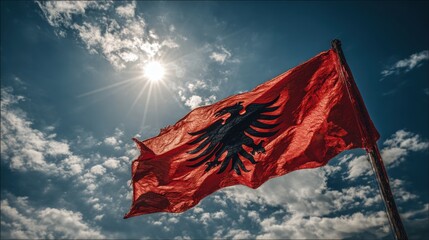 The flag of Albania prominently displays its red field with a black double-headed eagle, fluttering in the wind under a bright sky filled with clouds at midday.