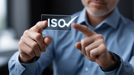 Man in blue shirt holds transparent card displaying ISO logo, symbolizing quality assurance and standards