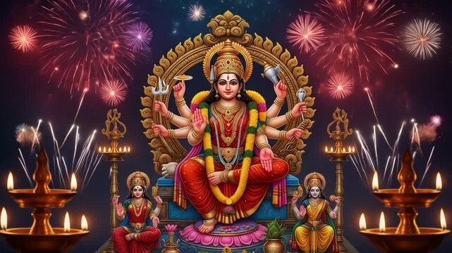 Night view of Vijayadashami with sky filled with fireworks, Durga statue surrounded by flickering oil lamps, Ai generated images