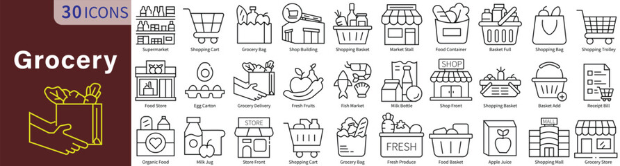 Grocery Icon Set in Line Style with Editable Stroke for Shopping, Food, Supermarket, and Retail Store