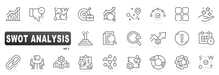 SWOT analysis line icons for business strategy and planning, matrix quadrants, strengths, weaknesses, opportunities, threats, KPI performance, optimization, management workflow