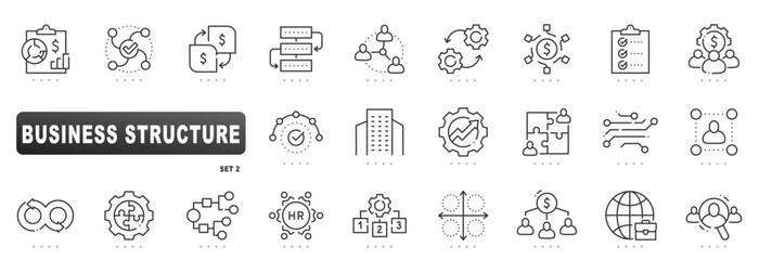 Business structure line icons illustrating organization hierarchy, workflow, orgchart, management, HR, recruitment, finance, global operations. Editable stroke outline vector set