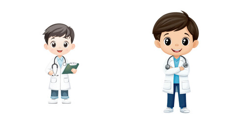 Fototapeta premium Medical doctor boy cartoon character with stethoscope and clipboard smiling happily