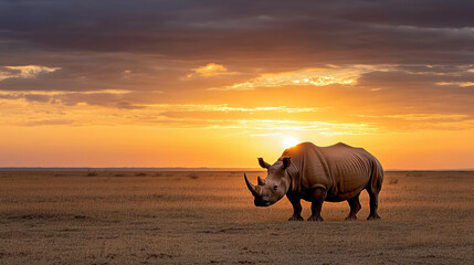 Fototapeta premium Majestic rhino standing strong against golden African sunset, showcasing nature beauty