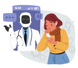 Woman character suffering from hard cough checking symptom with artificial intelligence service