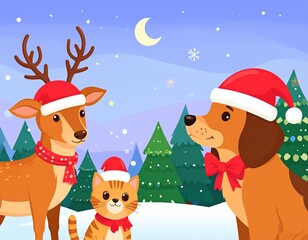 Fototapeta premium Christmas deer dog cat cartoon illustration
